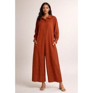 Free People Wide Leg Linen Blend Long Sleeve Jumpsuit M Boho Coastal